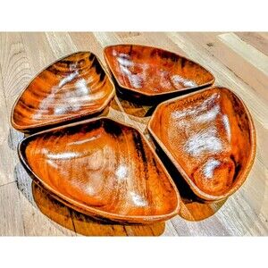 4VTG Monkeypod Wood Snack/Nut/Candy Wedge Bowl Trays 6"L x 9"W x 2"T Set EUC